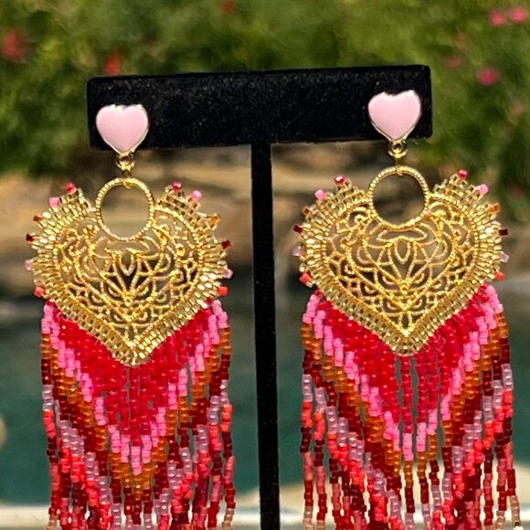 Handmade Beaded Long Fringe Dangle Drop Lightweight Sweetheart Post Earrings - Picture 8 of 10